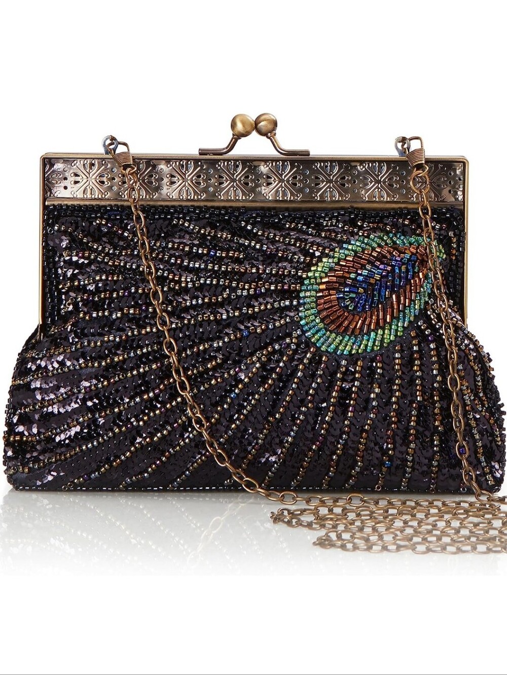 Beaded Peacock-Accent Evening Clutch in Black
